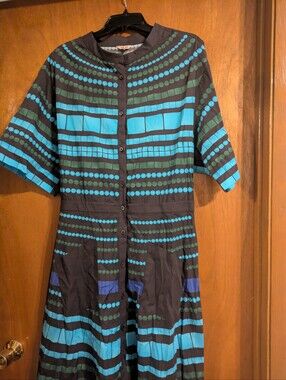 Striped and Dot Button-Front Dress in Teal and Navy